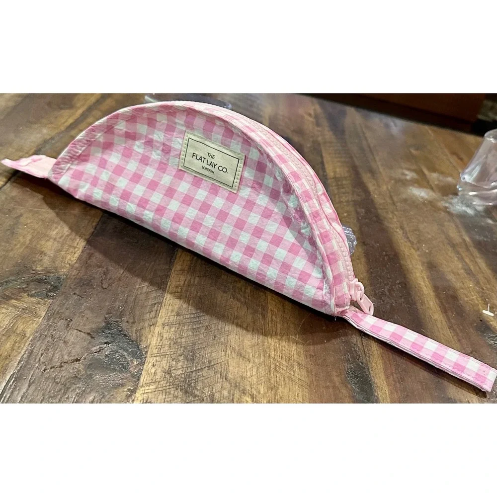 The Flat Lay Co London Pink Gingham Checkered Travel Makeup Bag Pouch FLCLP-PG